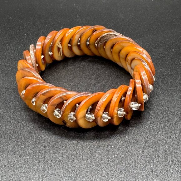 Vintage Stretchy Bracelet Dyed Abalone Shells Rings Rust Autumn Colours - Picture 1 of 4